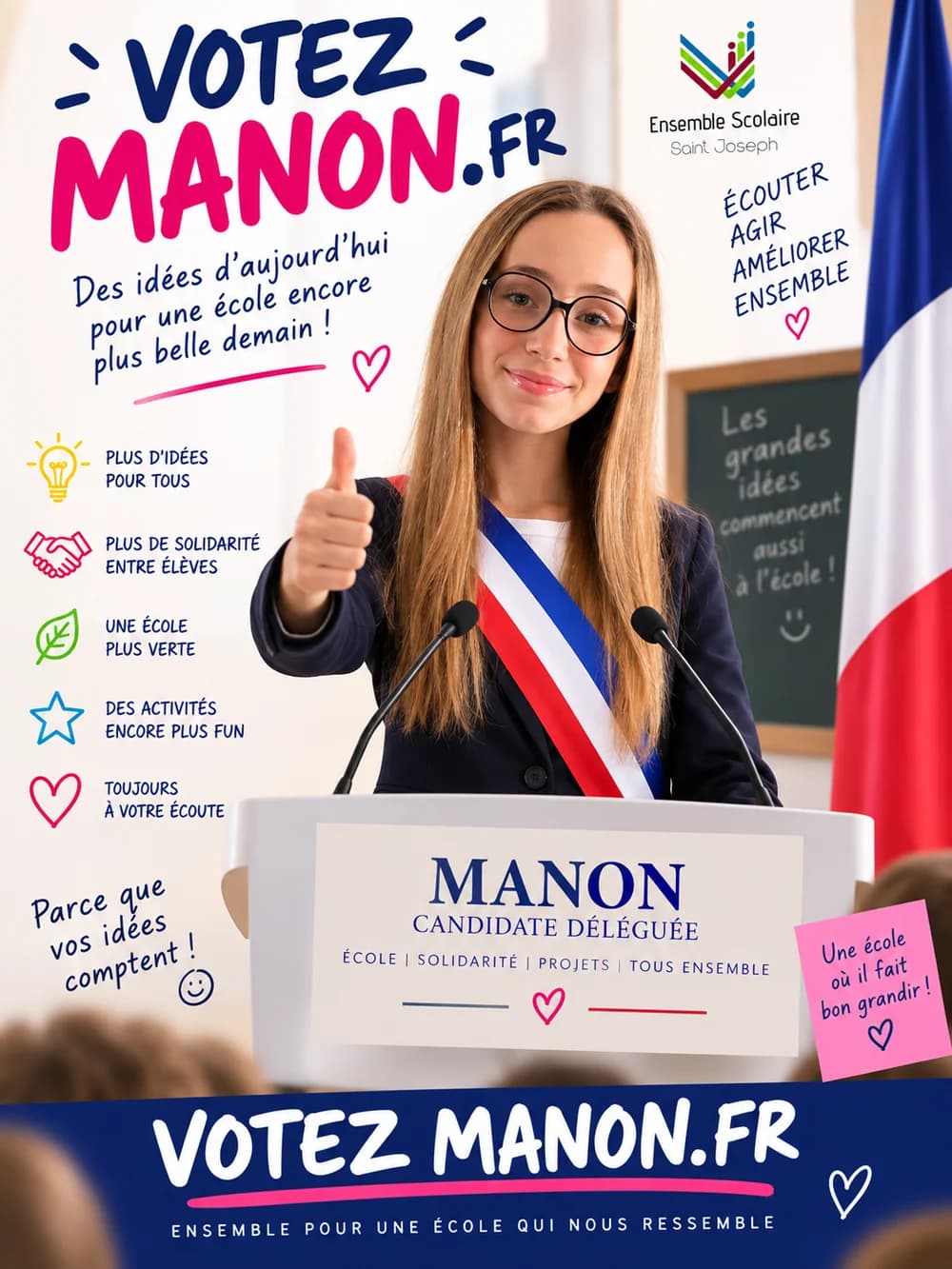 Affiche de campagne de Manon, candidate déléguée : écouter, agir, améliorer, ensemble.